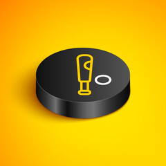 Poster - Isometric line Baseball bat with ball icon isolated on yellow background. Black circle button. Vector