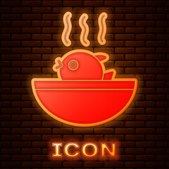 Poster - Glowing neon Puffer fish soup icon isolated on brick wall background. Fugu fish japanese puffer fish. Vector.