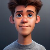 Grownup young teenager man with frendy face. Cartoon big eyed close up portrait. Animated movie character design isolated. Animation 3d digital art style, realistic light render. 3D illustration.