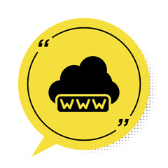 Black Software, web development, programming concept icon isolated on white background. Programming language and program code on screen laptop. Yellow speech bubble symbol. Vector