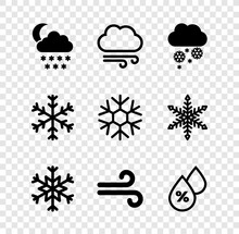 Set Cloud With Snow And Moon, Windy Weather, Snowflake, And Water Drop Percentage Icon. Vector