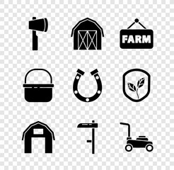 Sticker - Set Wooden axe, Farm house, Signboard with text, Scythe, Lawn mower, Basket and Horseshoe icon. Vector