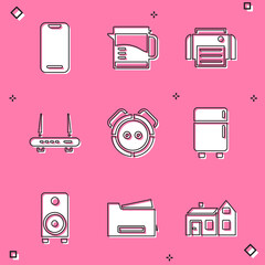 Sticker - Set Smartphone, Electric kettle, Printer, Router and wi-fi signal, Robot vacuum cleaner, Refrigerator, Stereo speaker and icon. Vector