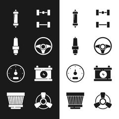 Sticker - Set Steering wheel, Car spark plug, Shock absorber, Chassis car, Speedometer, battery, motor ventilator and air filter icon. Vector