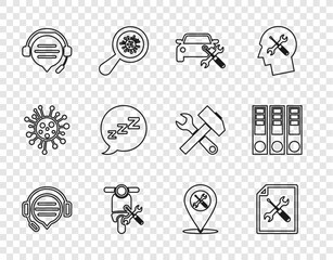 Sticker - Set line Headphones with speech bubble chat, File document service, Car, Scooter, Speech snoring, Location and Office folders icon. Vector