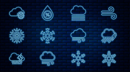 Wall Mural - Set line Snowflake, Cloud with rain and lightning, Fog cloud, snow, Windy weather and Water drop percentage icon. Vector