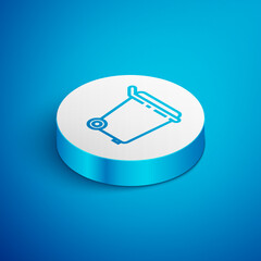 Sticker - Isometric line Trash can icon isolated on blue background. Garbage bin sign. Recycle basket icon. Office trash icon. White circle button. Vector Illustration