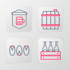 Sticker - Set line Pack of beer bottles, Pistachio nuts, Wooden barrel and Signboard with glass icon. Vector