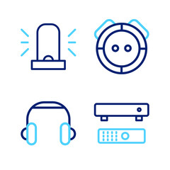 Sticker - Set line Multimedia and TV box, Headphones, Robot vacuum cleaner and Flasher siren icon. Vector