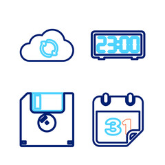 Wall Mural - Set line Calendar, Floppy disk, Digital alarm clock and Cloud sync refresh icon. Vector