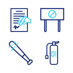 Sticker - Set line Fire extinguisher, Baseball bat with nails, Protest and Petition icon. Vector