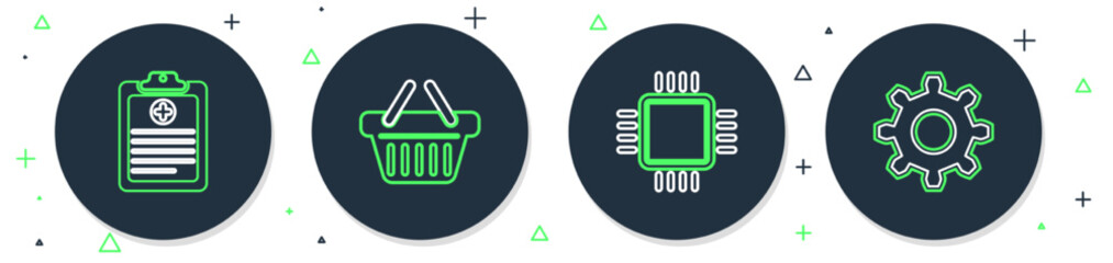 Sticker - Set line Shopping basket, Processor with CPU, Clinical record and Cogwheel gear settings icon. Vector