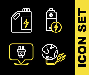 Poster - Set line Battery, Global energy power planet, Electric plug and Eco fuel canister icon. Vector