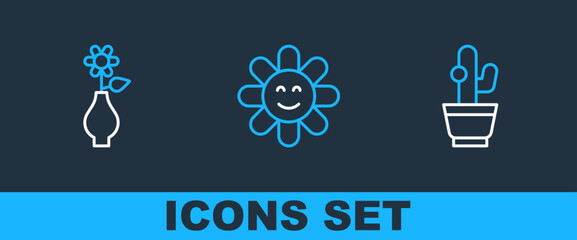 Sticker - Set line Cactus, Flower in vase and icon. Vector