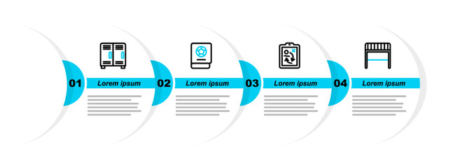 Sticker - Set line Football goal, Planning strategy concept, learning book and Locker or changing room icon. Vector