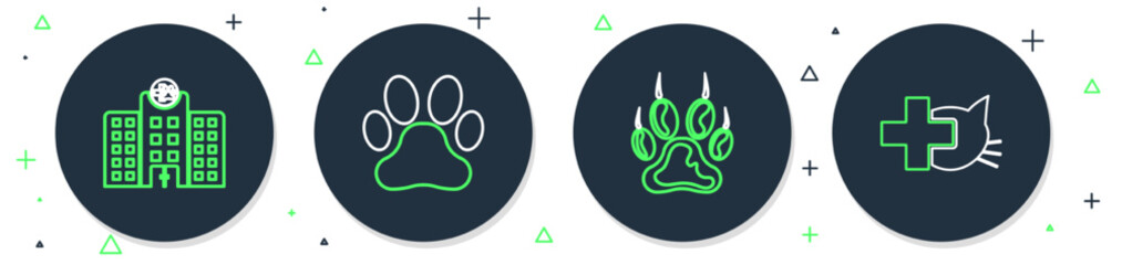 Set line Paw print, Veterinary medicine hospital and clinic icon. Vector