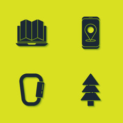 Canvas Print - Set Location of the forest in laptop, Tree, Carabiner and City map navigation icon. Vector