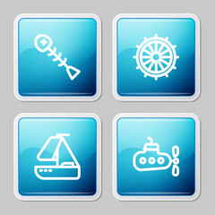 Canvas Print - Set line Dead fish, Ship steering wheel, Yacht sailboat and Submarine icon. Vector