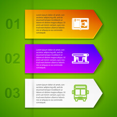 Sticker - Set line Audio book, Gas filling station, Bus and Ruler. Business infographic template. Vector