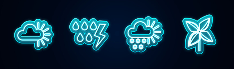 Wall Mural - Set line Cloudy, Storm, with snow and Pinwheel. Glowing neon icon. Vector