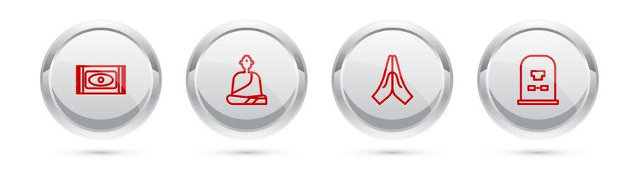 Sticker - Set line Traditional carpet, Buddhist monk, Hands in praying position and Tombstone with RIP written. Silver circle button. Vector