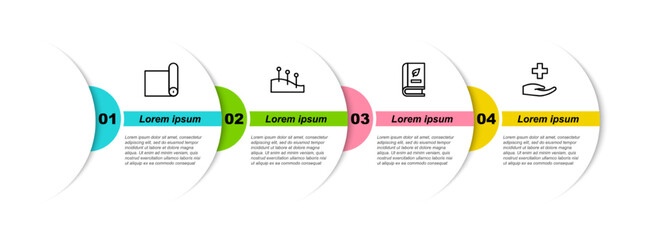 Poster - Set line Fitness mat roll, Acupuncture therapy, Medical book and Cross hospital medical. Business infographic template. Vector