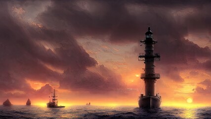 Wall Mural - Vintage sailboat in the open sea under the night sky. Big full moon, reflection of light in the water. Fantasy sea landscape. 3D illustration.