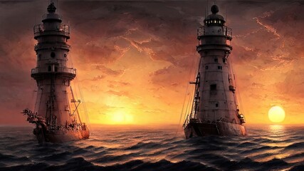 Wall Mural - Vintage sailboat in the open sea under the night sky. Big full moon, reflection of light in the water. Fantasy sea landscape. 3D illustration.