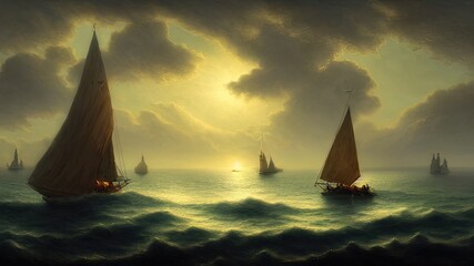 Wall Mural - Vintage sailboat in the open sea under the night sky. Big full moon, reflection of light in the water. Fantasy sea landscape. 3D illustration.