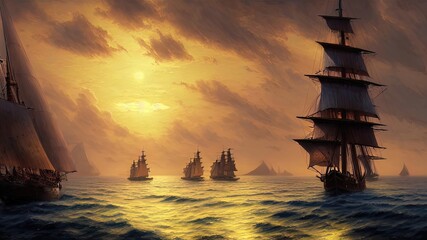 Wall Mural - Vintage sailboat in the open sea under the night sky. Big full moon, reflection of light in the water. Fantasy sea landscape. 3D illustration.