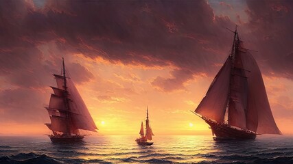 Wall Mural - Vintage sailboat in the open sea under the night sky. Big full moon, reflection of light in the water. Fantasy sea landscape. 3D illustration.