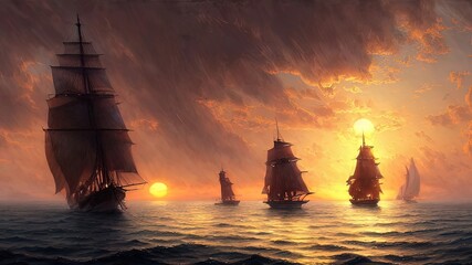 Wall Mural - Vintage sailboat in the open sea under the night sky. Big full moon, reflection of light in the water. Fantasy sea landscape. 3D illustration.