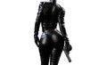 © PixlMakr - Sexy female assassin in glossy latex dress and panties and high heels on transparent background