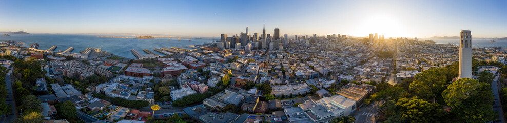 Canvas Print - Aerial: epic San Francisco Bay Area during sunset. Drone view 

