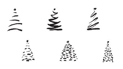 Set black stylized Christmas trees isolated on white background