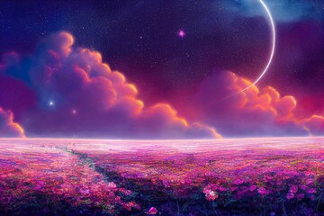 Wall Mural - Fantasy fabulous panoramic banner background of magical night sky with shining stars, clouds and delicate romantic pink rose flowers garden and flying peacock eye butterflies. Idyllic tender scene.