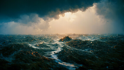 Wall Mural - Spectacular background image of stormy ocean with rough and danger wave. Dark sky and cloudy. Digital art 3D illustration.