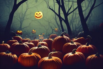 Canvas Print - Halloween spooky background, scary many pumpkins scene. Scary creepy forest in october dark night autumn gloomy creepy landscape with pumpkins. Happy Halloween outdoor backdrop vertical concept.