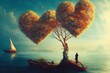 © The 2R Artificiality - Heart tree on island with woman on a boat and man reflection ,surreal love concept artwork, imagination art, fantasy landscape painting, dreamlike illustration, love romantic concept