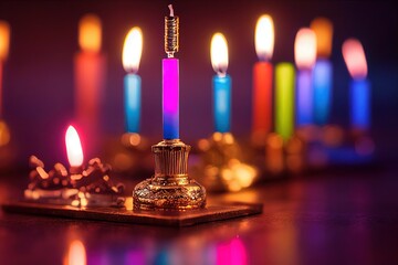 Colorful holiday candles glowing by candlelight to celebrate the festive holiday. 3D computer generated image with no reference photo