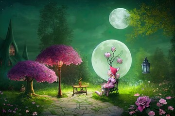 Canvas Print - Magical fantasy elf or gnome house in tree with window and lantern, bench in enchanted fairy tale forest with fabulous fairytale blooming pink rose flower garden and shiny glowing moon rays in night