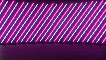 Wall Mural - Seamless looping of Cyberpunk circus striped neon light rotating background. Purple and blue light color concept.