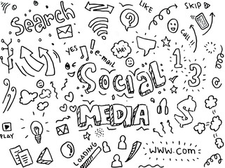 Wall Mural -  Social media doodle art  hand drawn vector simple.  white background, with icons and element component of social media.