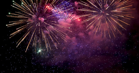 Purple Firework celebrate anniversary happy new year 2023, 4th of july holiday festival. Purple firework in night time celebrate national holiday. Violet firework Countdown to new year 2023 festival