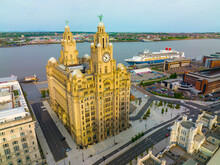 Royal Liver Building Was Built In 1911 On Pier Head In Liverpool, Merseyside, UK. Liverpool Maritime Mercantile City Is A UNESCO World Heritage Site. 