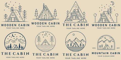 Wall Mural - set mountain and cabin line art logo icon and symbol. forest and tree with emblem vector illustration design