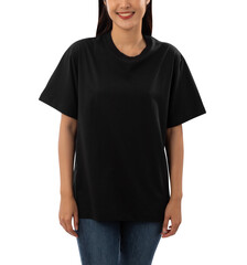 Young woman in black oversize T shirt mockup cutout, Png file.