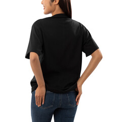 Young woman in black oversize T shirt mockup cutout, Png file.