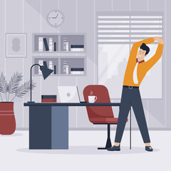 Wall Mural - Flat design of man stretching at workplace. Illustration for websites, landing pages, mobile applications, posters and banners. Trendy flat vector illustration