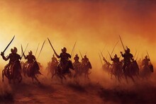 A Squad Of Heavy Cavalry In Plate Armor Are Rushing Into Battle With Spears Lances. They Have A Helmet In The Form Of A Crown And Shields With The Sun Sign, Background Of A Dusty Bright Sunset. 2d Art